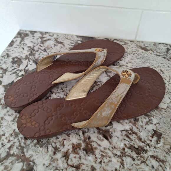 Tory Burch Thora‎ Flip Flop Sandals in Brown silver size 10 - Picture 3 of 9